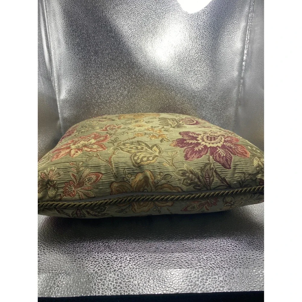 Vintage Floral Tapestry Throw Pillow Jacquard Burgundy Gold Sage Corded Trim